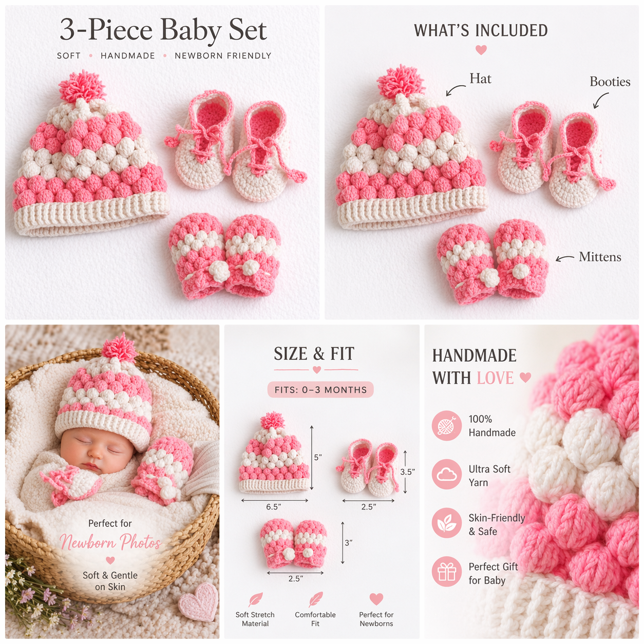 Handcrafted Baby Crochet Set – Soft & Cozy 3-Piece Collection