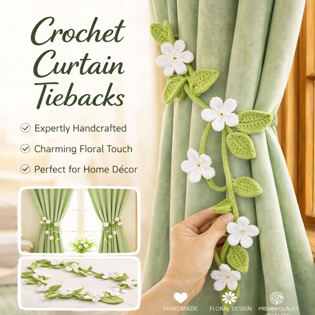 Pair 2 pcs Handmade Crochet Curtain Tiebacks – Floral Design Decorative Curtain Holdbacks