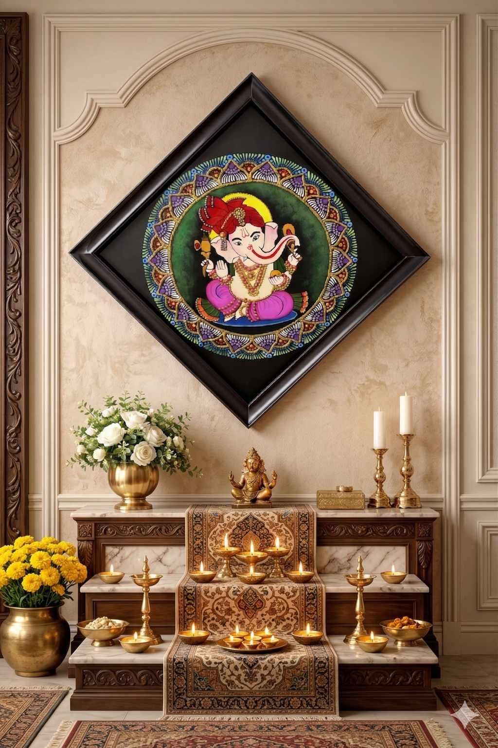 Handcrafted Pichwai Style Ganesha Wall Art | Traditional Indian Temple Painting in Diamond Frame | Spiritual Home Decor & Diwali Gift