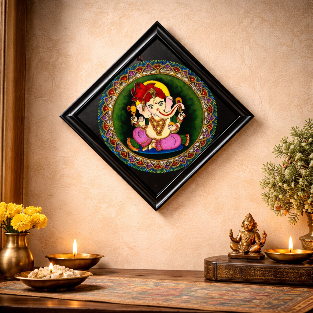 Handcrafted Pichwai Style Ganesha Wall Art | Traditional Indian Temple Painting in Diamond Frame | Spiritual Home Decor & Diwali Gift
