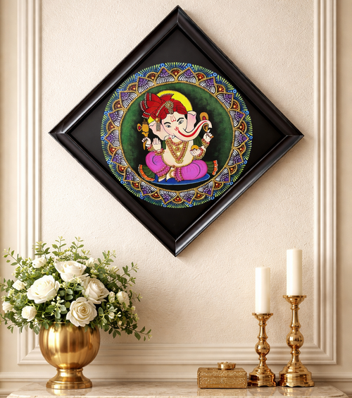 Handcrafted Pichwai Style Ganesha Wall Art | Traditional Indian Temple Painting in Diamond Frame | Spiritual Home Decor & Diwali Gift