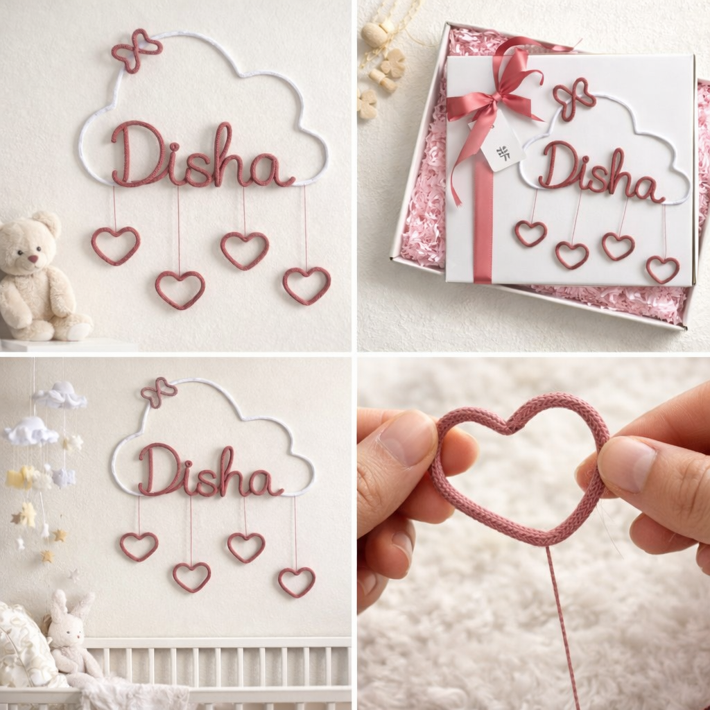 Custom Name Wall Decor for Nursery – Cloud Hanging with Hearts – Personalized Baby Girl Room Decoration (Handcrafted)
