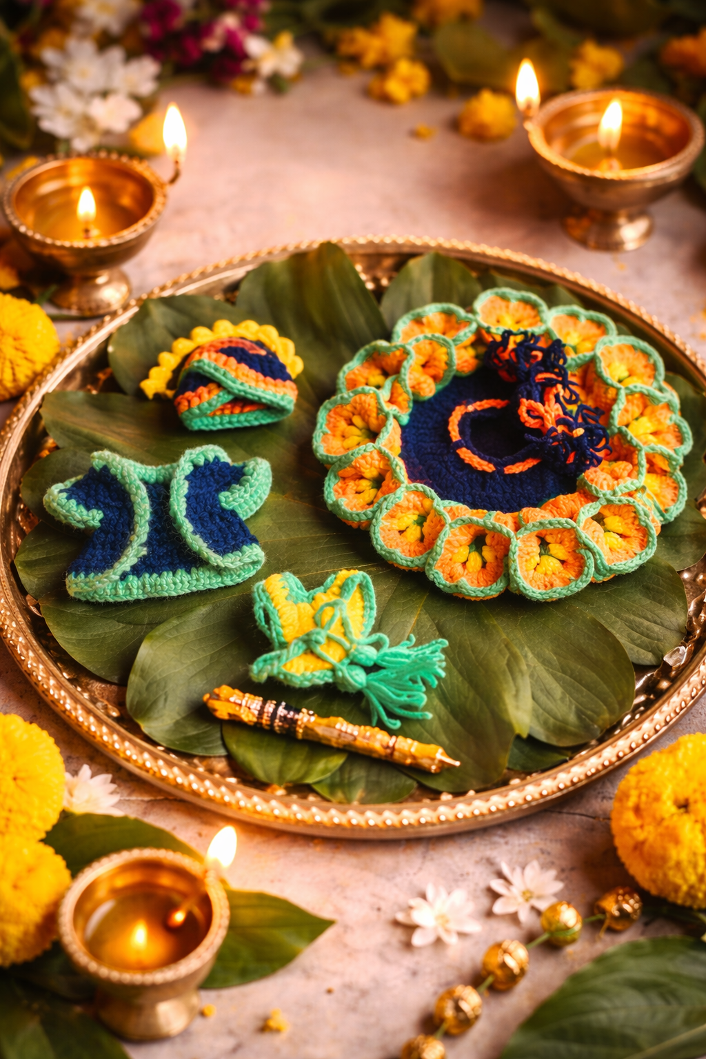 4 in 1 Handmade Crochet Laddu Gopal Dress Set – Festive Krishna Outfit & Puja Decor
