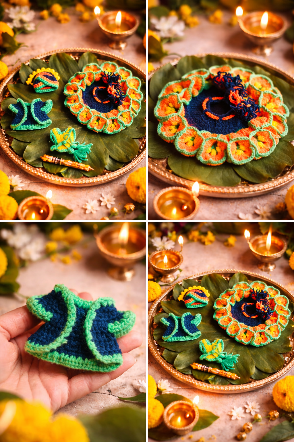 4 in 1 Handmade Crochet Laddu Gopal Dress Set – Festive Krishna Outfit & Puja Decor