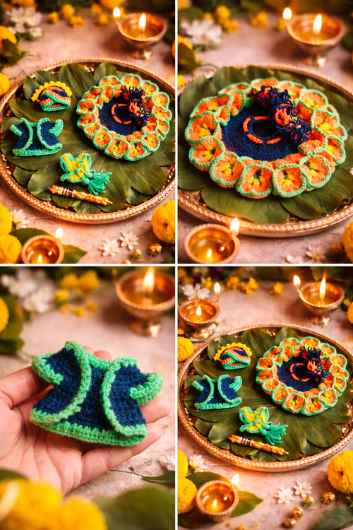 4 in 1 Handmade Crochet Laddu Gopal Dress Set – Festive Krishna Outfit & Puja Decor